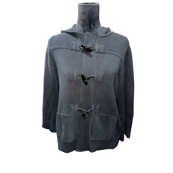 Lauren Ralph Lauren Cardigan Sweater Toggle Closure Hood Black M Timeless Preppy - Picture 2 of 13